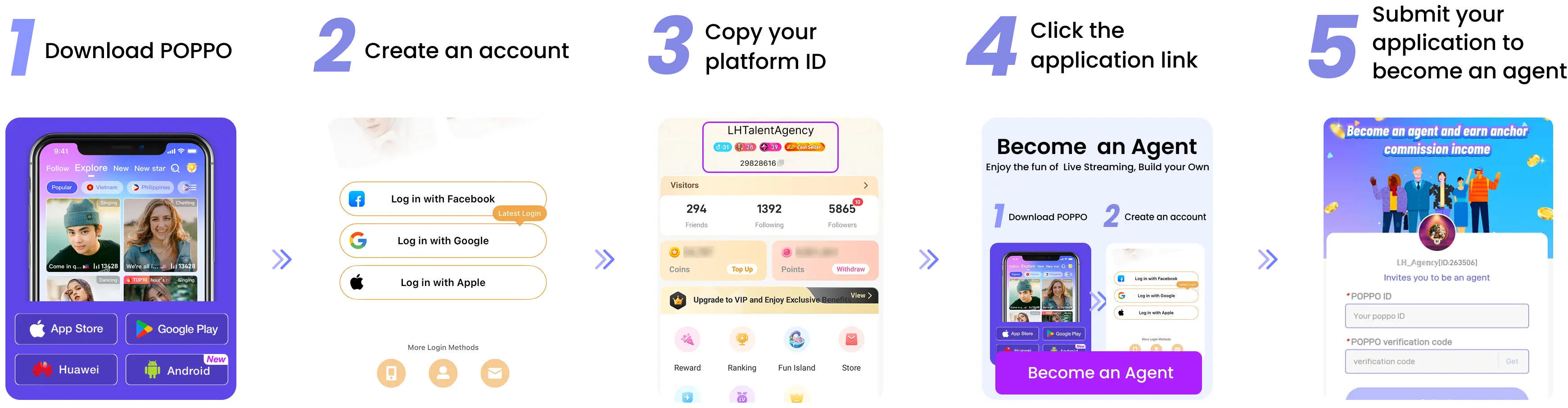 Download the
                        Poppo Live App and Submit your application to become an Agency