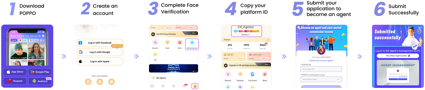 Download the
                        Poppo Live App and Submit your application to become an Agency